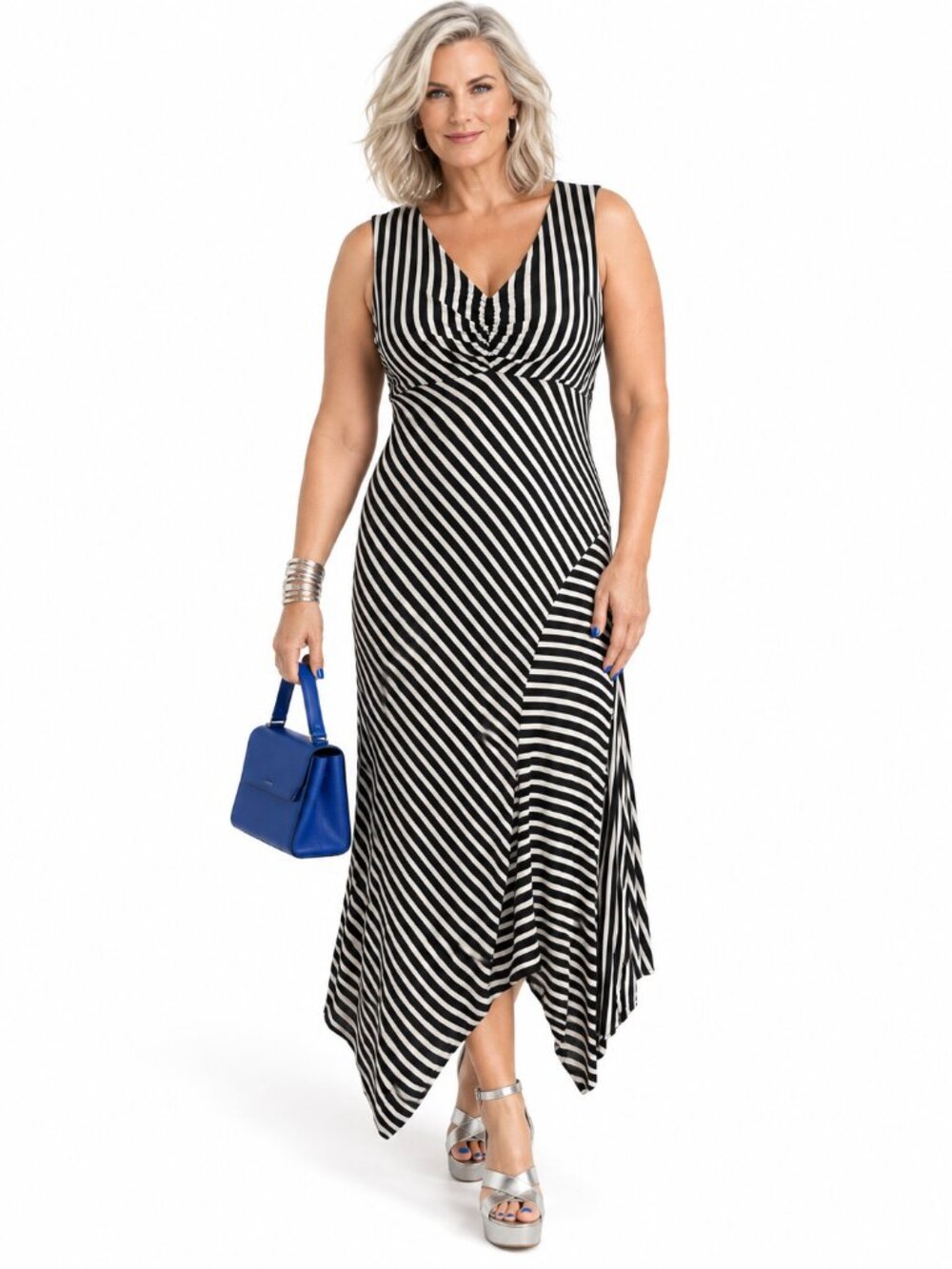 Chico's Black White Striped Maxi Dress Asymmetrical Travel Size XL